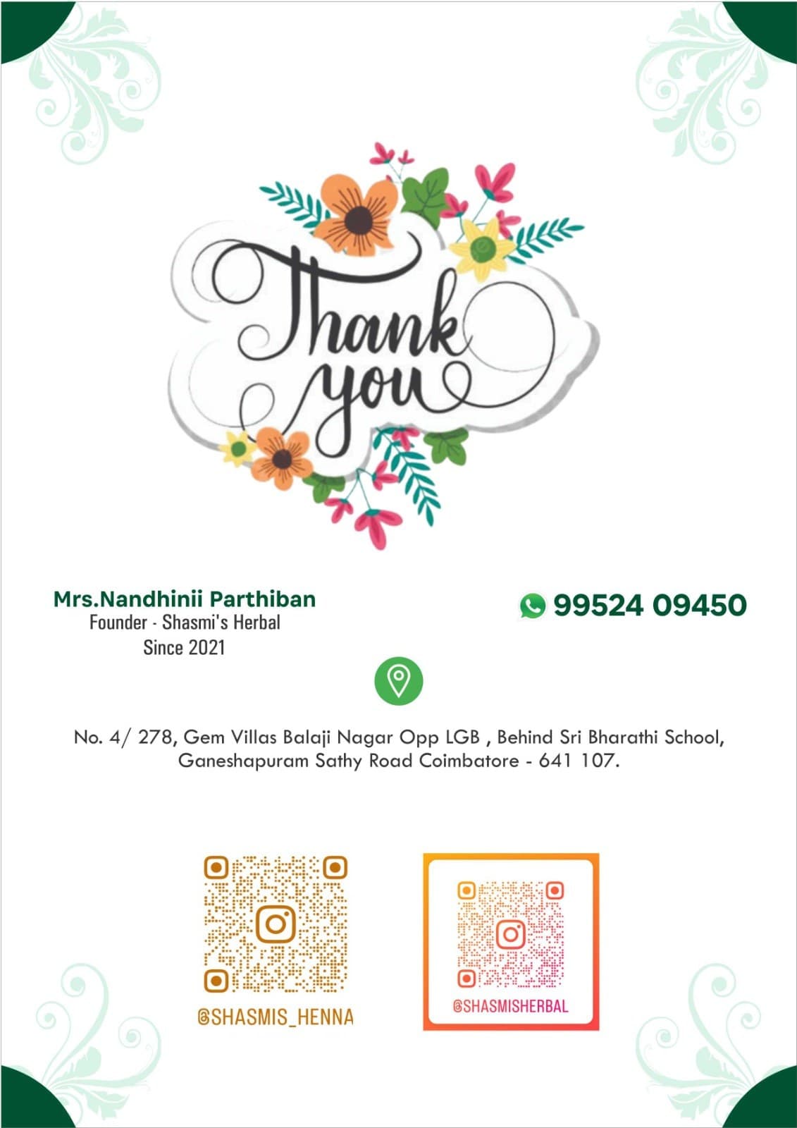 Shasmi's Herbal Certified Contact Card