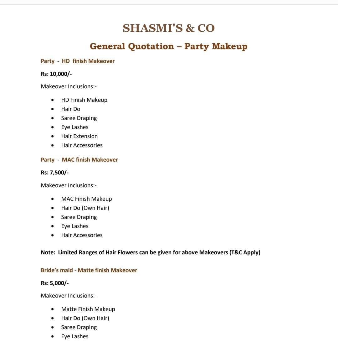 Shasmi's & Co General Quotation for Party Makeup