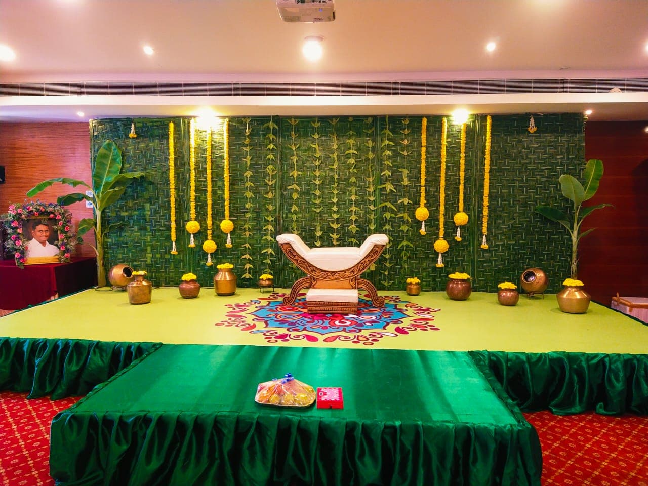 Traditional Foliage Stage with Brass Kalash & Marigolds