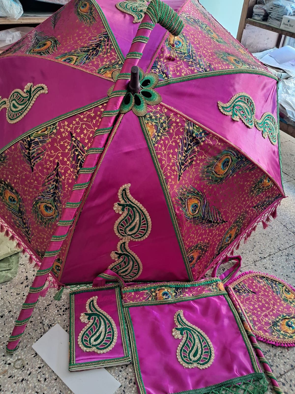 Fuschia & Olive Paisley Embroidered Bridal Canopy Set
