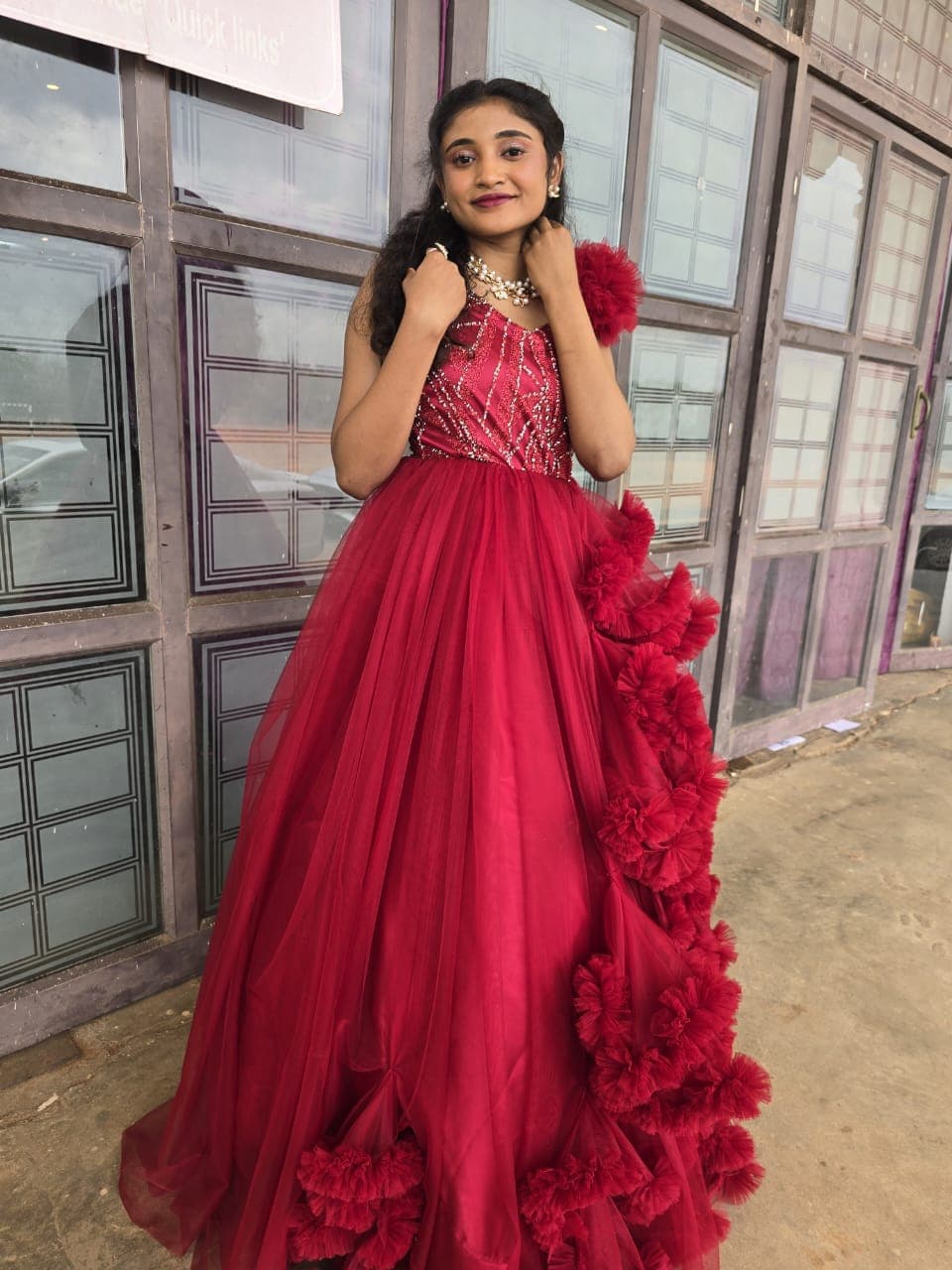 Ruby Tiered Ruffle Trail Gown